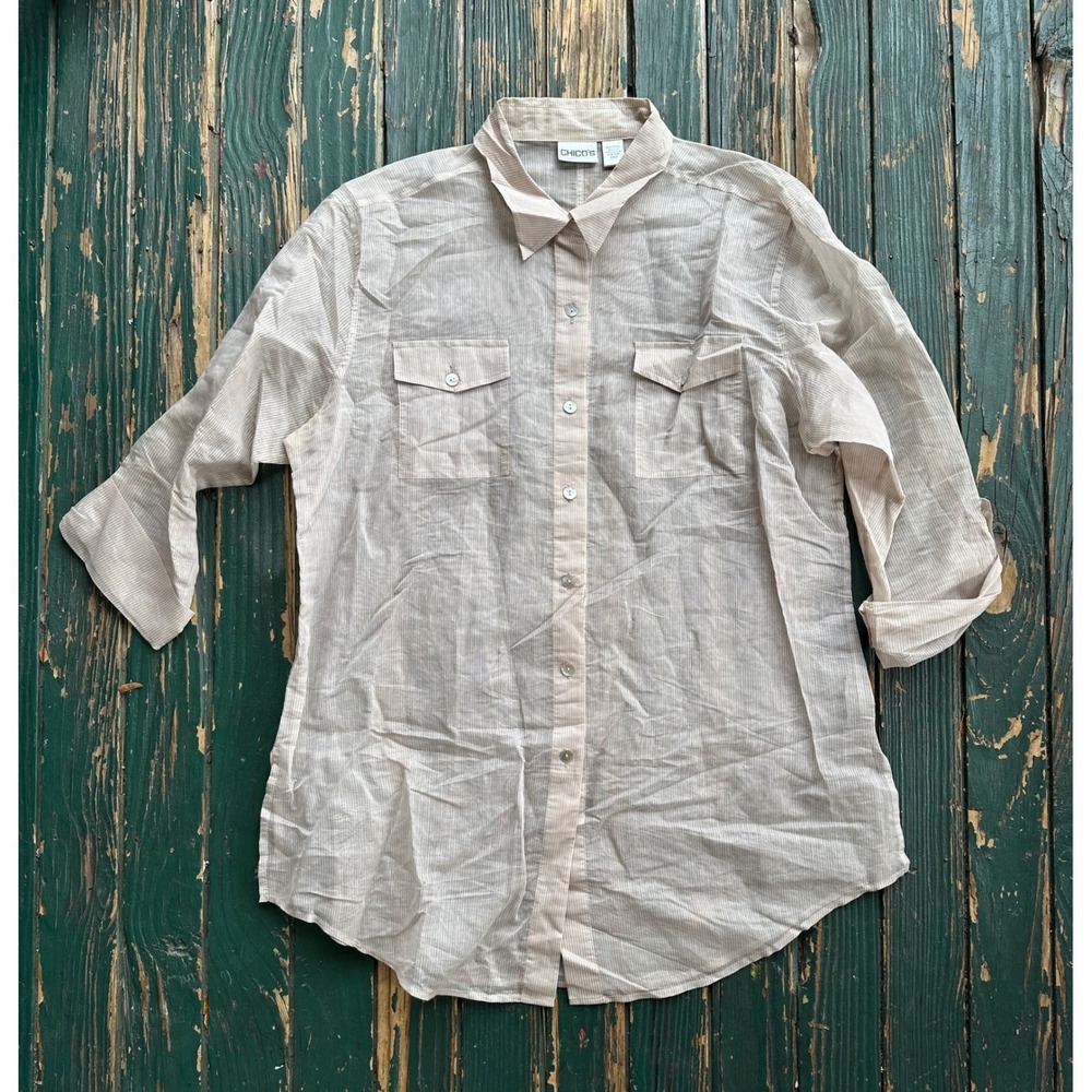 Chicos Silk Blend Pinstripe Button Down Shirt Tan White Roll Tab Sleeve Size 3